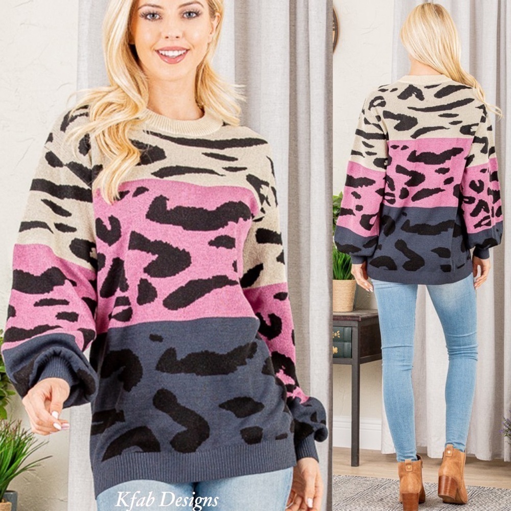 Last 1! Vibrant Color Block Super Soft Animal Print Puff Sleeve Sweater! - Picture 3 of 10